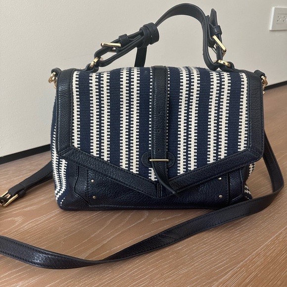 TORY BURCH Medium 797 Satchel | Navy Blue & Cream Woven Satchel - Picture 4 of 12
